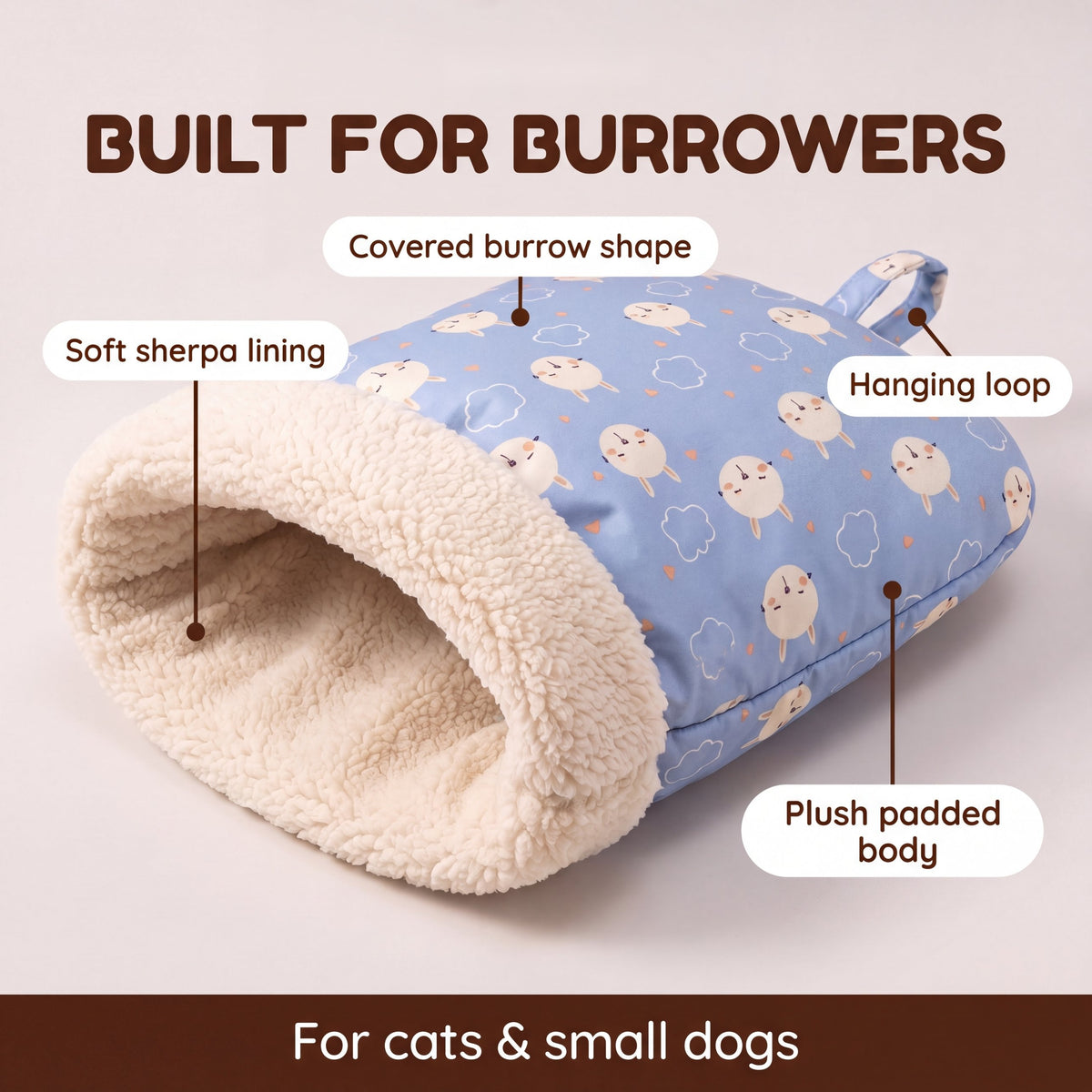 Cozy Sherpa Burrow Bed for Cats & Small Dogs